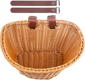 Woven Plastic Bike Baskets- Front D-Shaped Bike Bicycle Basket | Handlebar Storage Container with 2 Adjustable Leather Straps
