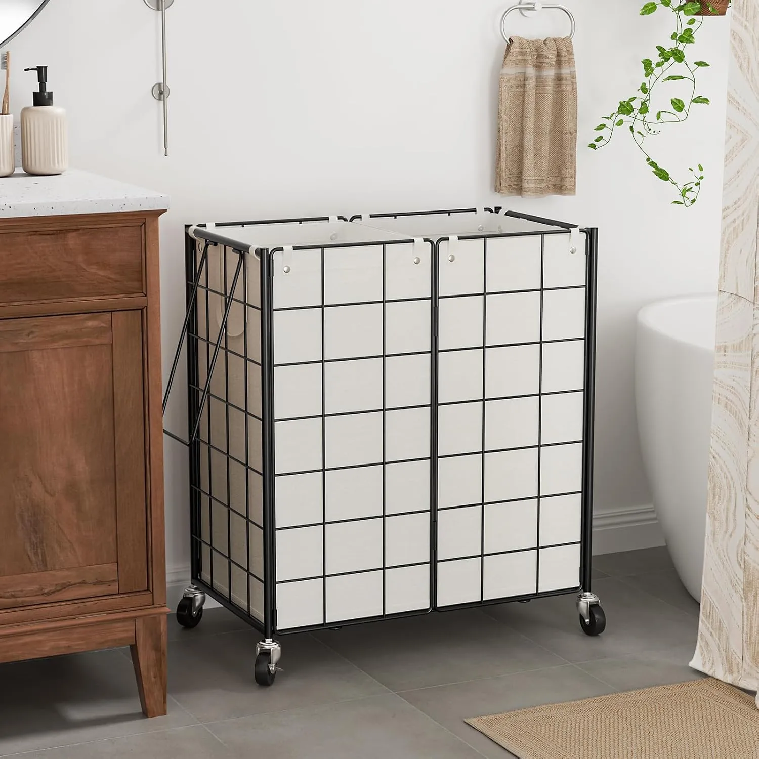 WOWLIVE Double Laundry Hamper with Wheels,Metal Wire Frame Rolling Laundry Basket with 2 Removable bags,120L Dirty Clothes Hamper Organizer Dorm Room Storage for Bedroom,Bathroom,Black and White
