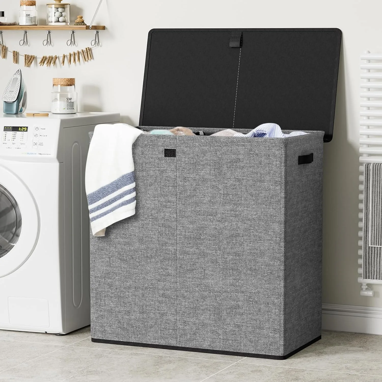 WOWLIVE Laundry Hamper with Lid,180L Large Laundry Basket 3 Section with Removable Washing Bags,Collapsible Waterproof Dirty Clothes Hamper for Laundry Room Bathroom Dorm,Gray