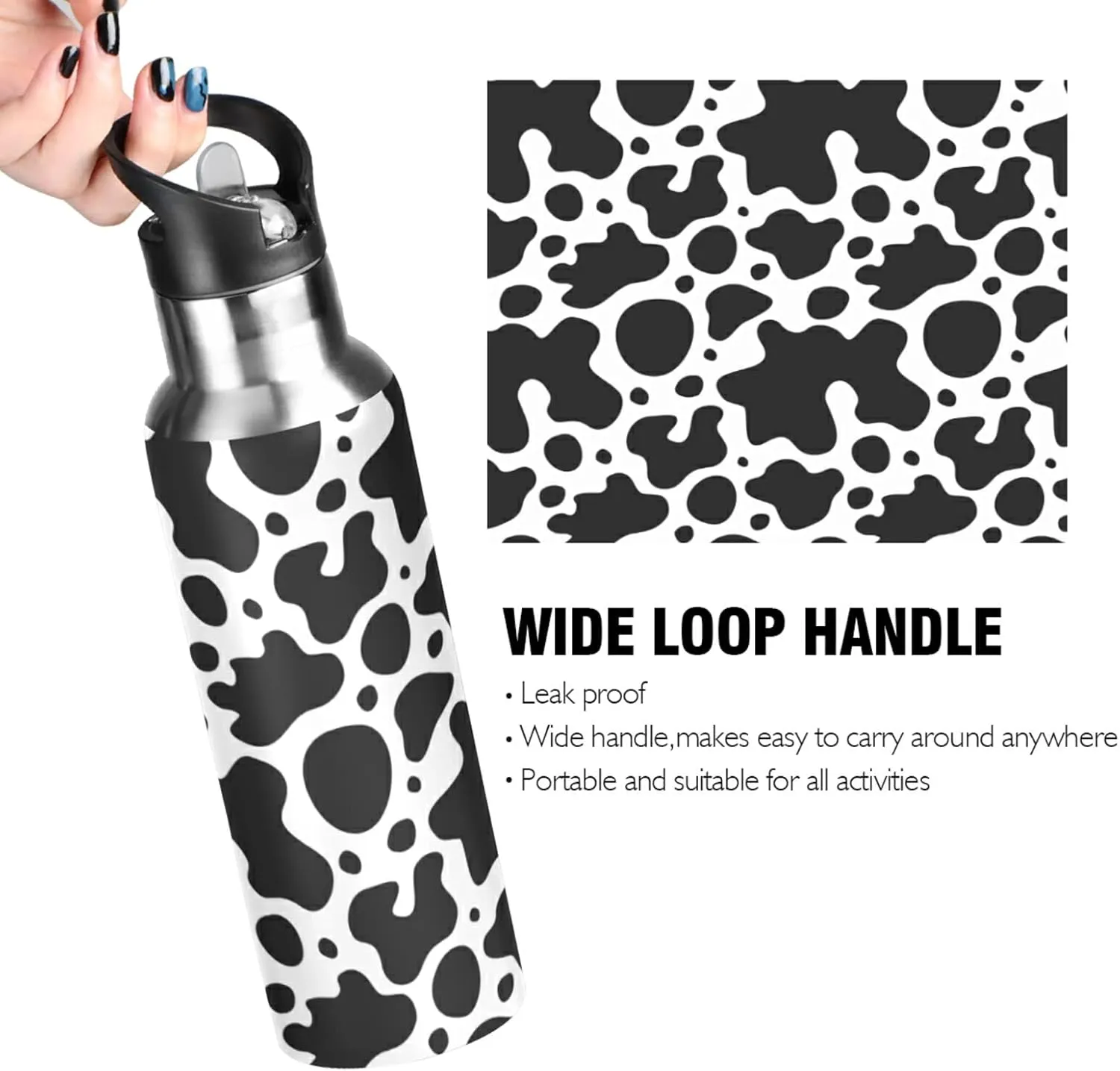 Wusikd Cow Skin Sport Water Bottle with Straw Lid Double Wall Thermos Bottle Vacuum Insulated Flask Stainless Steel Water Bottle for Gym Outdoor 20 OZ