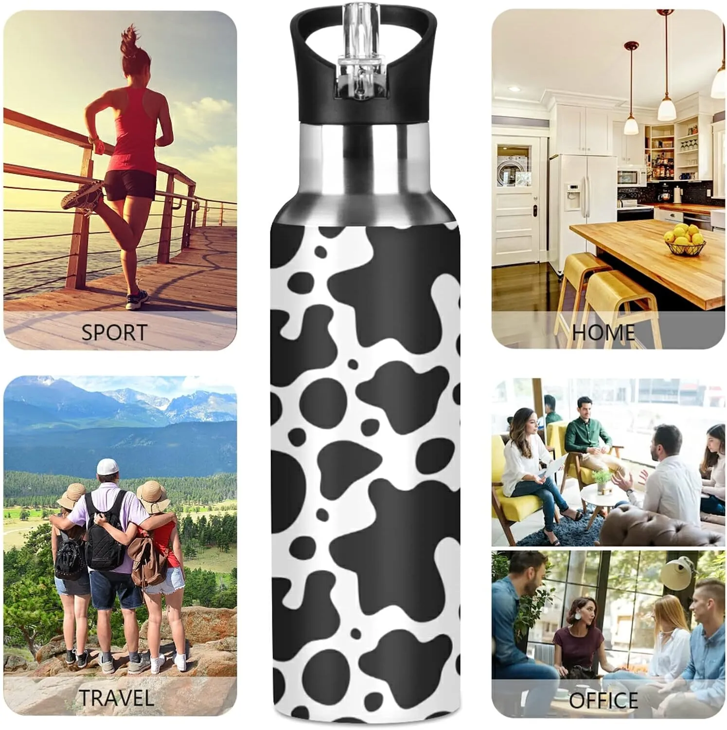 Wusikd Cow Skin Sport Water Bottle with Straw Lid Double Wall Thermos Bottle Vacuum Insulated Flask Stainless Steel Water Bottle for Gym Outdoor 20 OZ