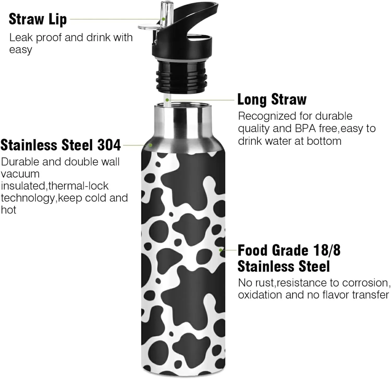 Wusikd Cow Skin Sport Water Bottle with Straw Lid Double Wall Thermos Bottle Vacuum Insulated Flask Stainless Steel Water Bottle for Gym Outdoor 20 OZ