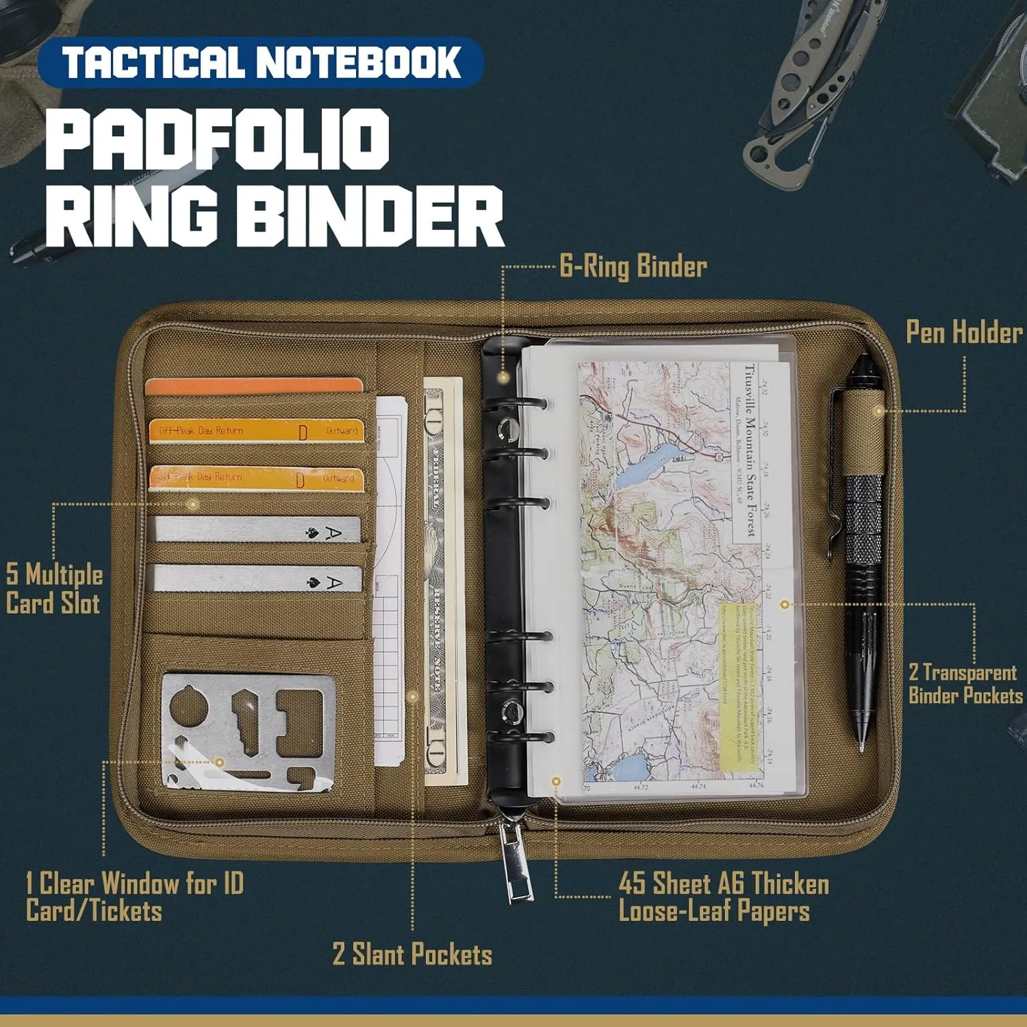 WYNEX Tactical Notebook Padfolio Ring Binders with 45 Sheets,Army Military Notebook Tactical Portfolio Binder with Zipper for Tactical Gear and Organizer, Refillable 6-Ring Binder(5.5'' x 8.5'')