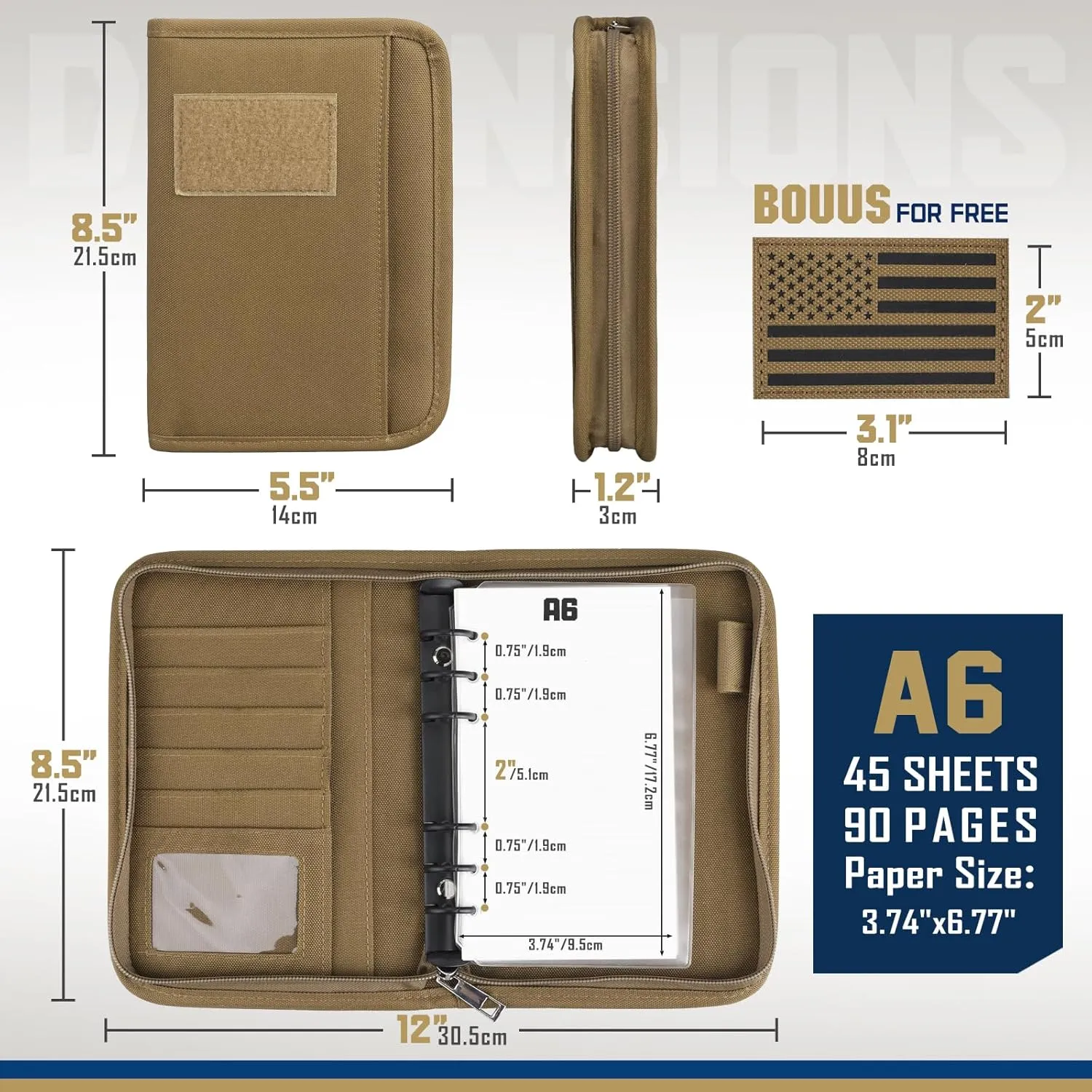 WYNEX Tactical Notebook Padfolio Ring Binders with 45 Sheets,Army Military Notebook Tactical Portfolio Binder with Zipper for Tactical Gear and Organizer, Refillable 6-Ring Binder(5.5'' x 8.5'')