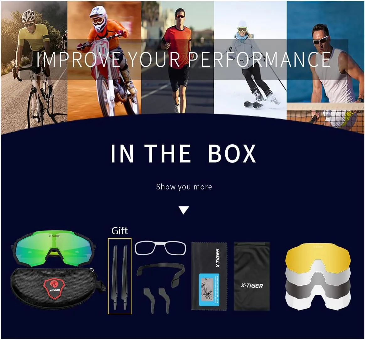 X-TIGER Polarized Sports Sunglasses with 5 Interchangeable Lenses,Mens Womens Cycling Bike Glasses,Baseball Running Fishing