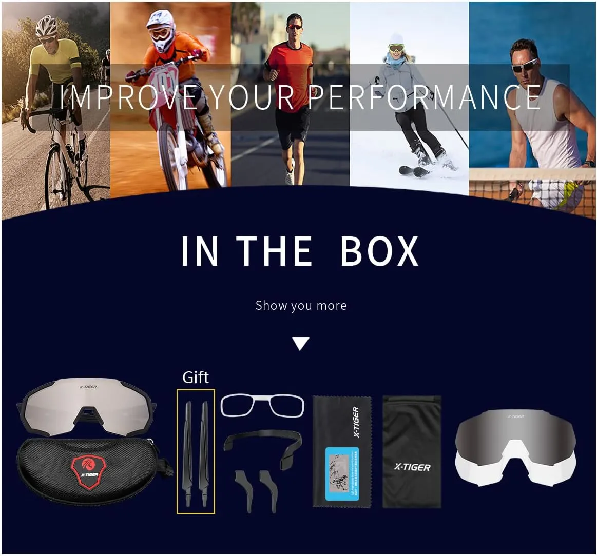 X-TIGER Polarized Sports Sunglasses with 5 Interchangeable Lenses,Mens Womens Cycling Bike Glasses,Baseball Running Fishing