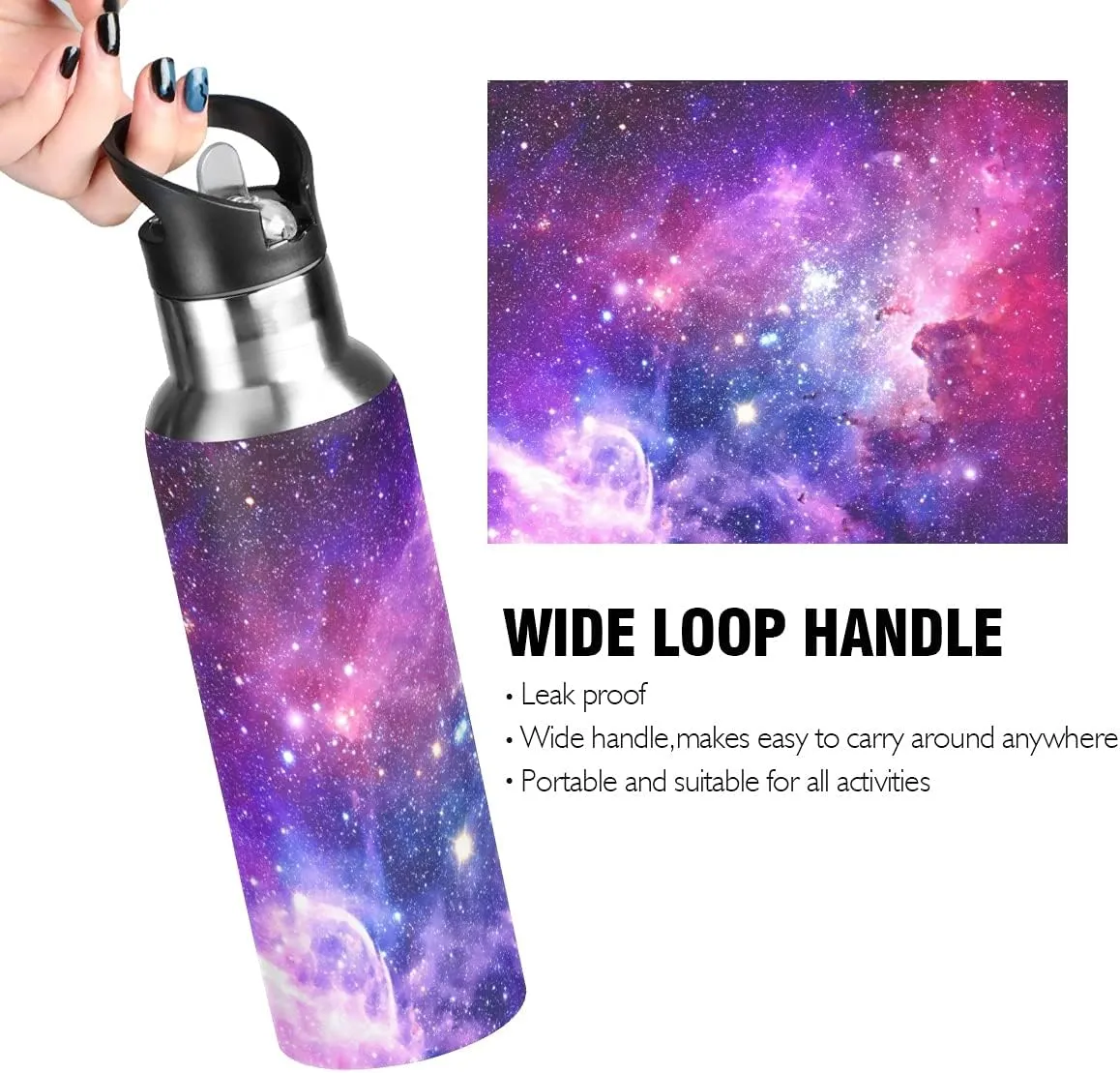 xigua Galaxy Sport Water Bottle with Straw Lid Double Wall Vacuum Insulated Flask Stainless Steel Water Bottle 20 oz