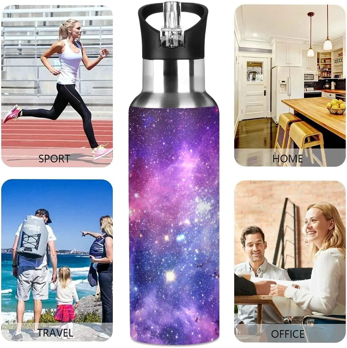 xigua Galaxy Sport Water Bottle with Straw Lid Double Wall Vacuum Insulated Flask Stainless Steel Water Bottle 20 oz
