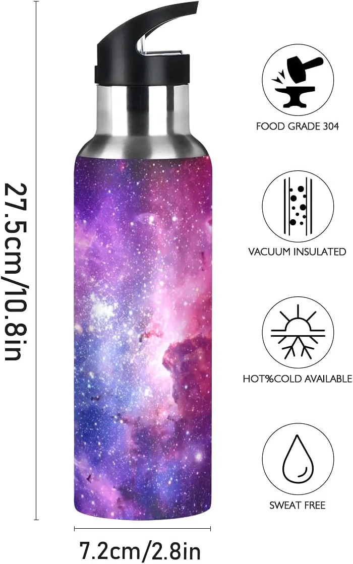 xigua Galaxy Sport Water Bottle with Straw Lid Double Wall Vacuum Insulated Flask Stainless Steel Water Bottle 20 oz