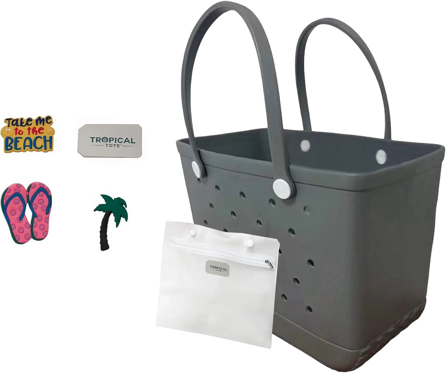 XL Waterproof Rubber Tote Beach Bag with Drainage Holes - Stylish Sandproof Carry-All with Decorative Charms for Pool & Lake
