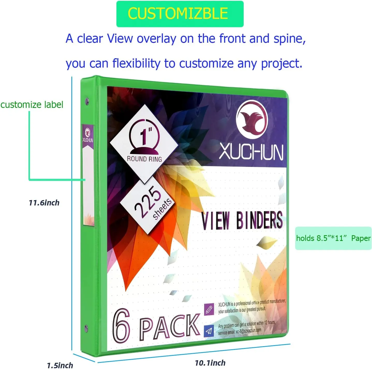 XUCHUN 3 Ring Binders 1 Inch,Clear View Binder with 2 Pockets, Holds 225 Sheets 8.5x11 Inches Paper, Customizable Cover & Spine, Large Capacity Binders for Office, School, Home, Business 6 Pack