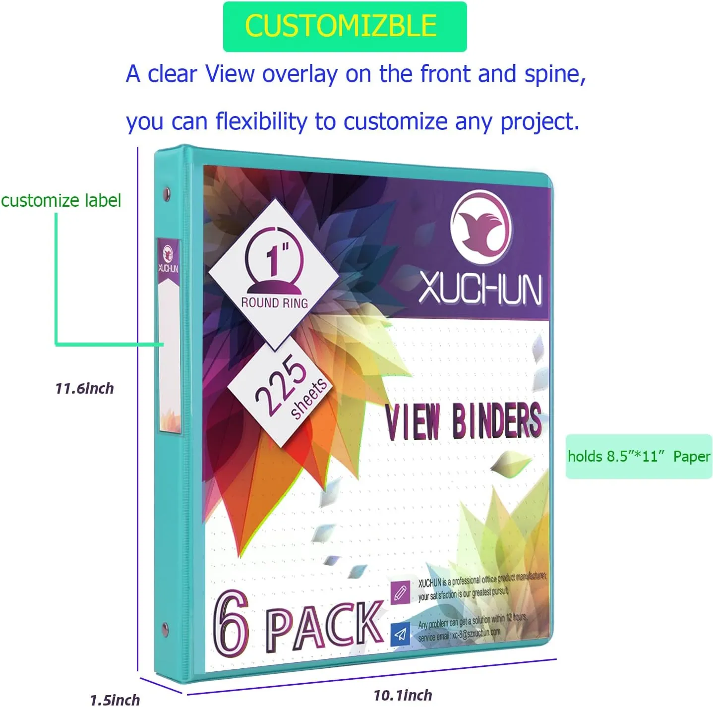 XUCHUN 3 Ring Binders 1 Inch,Clear View Binder with 2 Pockets, Holds 225 Sheets 8.5x11 Inches Paper, Customizable Cover & Spine,Binders for Office, School, Home, Business,6 Pack