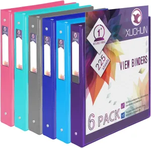 XUCHUN 3 Ring Binders 1 Inch,Clear View Binder with 2 Pockets, Holds 225 Sheets 8.5x11 Inches Paper, Customizable Cover & Spine,Binders for Office, School, Home, Business,6 Pack
