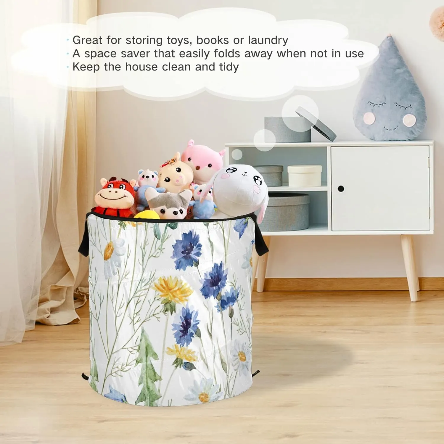 Yellow Dandelion, Daisy Flowers, Blue Cornflower Flower, Wildflower Pop Up Laundry Hamper, Collapsible Dirty Clothes Basket with Zipper Lid, Storage Bag Washing Bin for Room College Dorm Travel