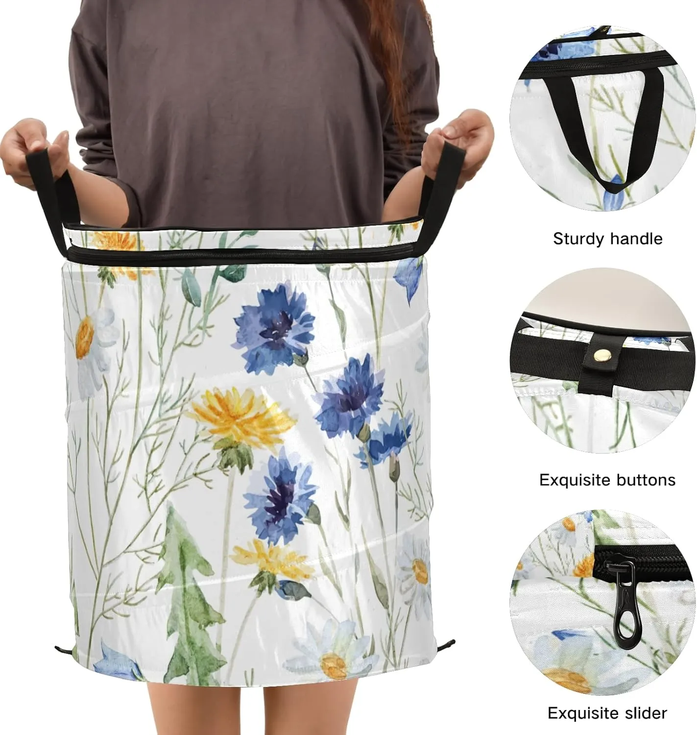 Yellow Dandelion, Daisy Flowers, Blue Cornflower Flower, Wildflower Pop Up Laundry Hamper, Collapsible Dirty Clothes Basket with Zipper Lid, Storage Bag Washing Bin for Room College Dorm Travel