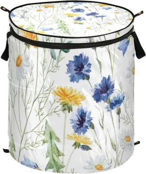 Yellow Dandelion, Daisy Flowers, Blue Cornflower Flower, Wildflower Pop Up Laundry Hamper, Collapsible Dirty Clothes Basket with Zipper Lid, Storage Bag Washing Bin for Room College Dorm Travel