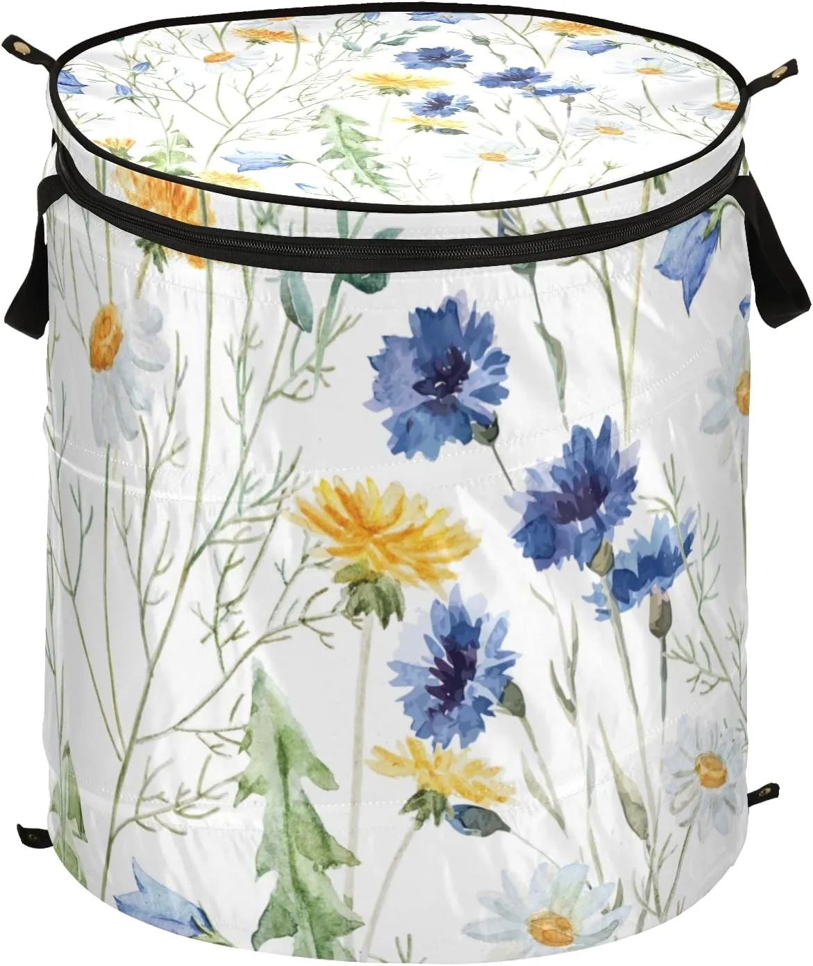 Yellow Dandelion, Daisy Flowers, Blue Cornflower Flower, Wildflower Pop Up Laundry Hamper, Collapsible Dirty Clothes Basket with Zipper Lid, Storage Bag Washing Bin for Room College Dorm Travel