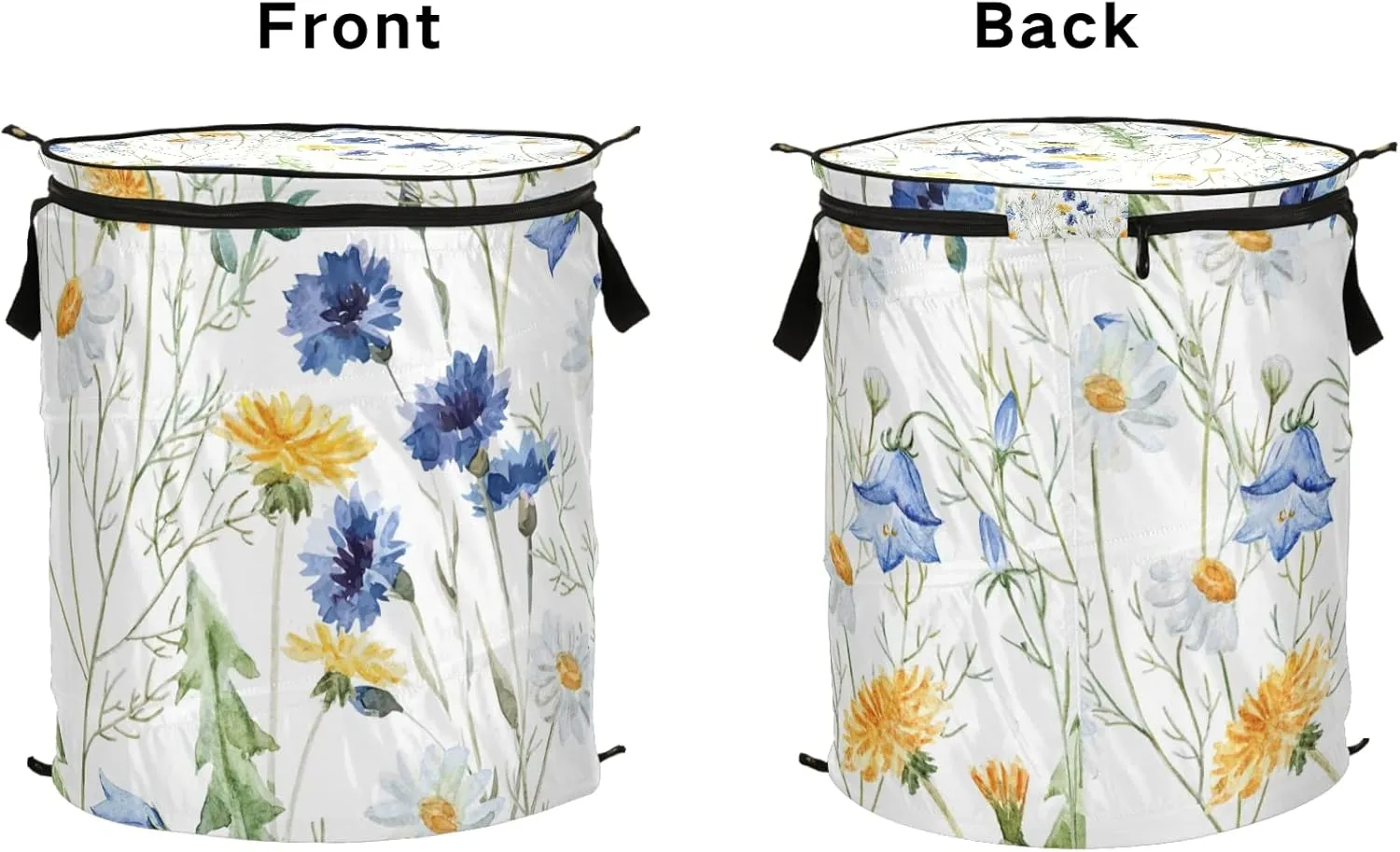 Yellow Dandelion, Daisy Flowers, Blue Cornflower Flower, Wildflower Pop Up Laundry Hamper, Collapsible Dirty Clothes Basket with Zipper Lid, Storage Bag Washing Bin for Room College Dorm Travel
