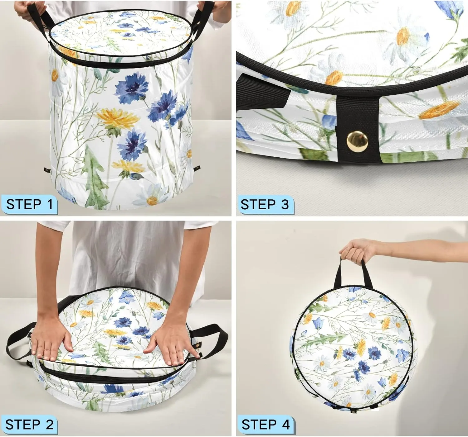 Yellow Dandelion, Daisy Flowers, Blue Cornflower Flower, Wildflower Pop Up Laundry Hamper, Collapsible Dirty Clothes Basket with Zipper Lid, Storage Bag Washing Bin for Room College Dorm Travel