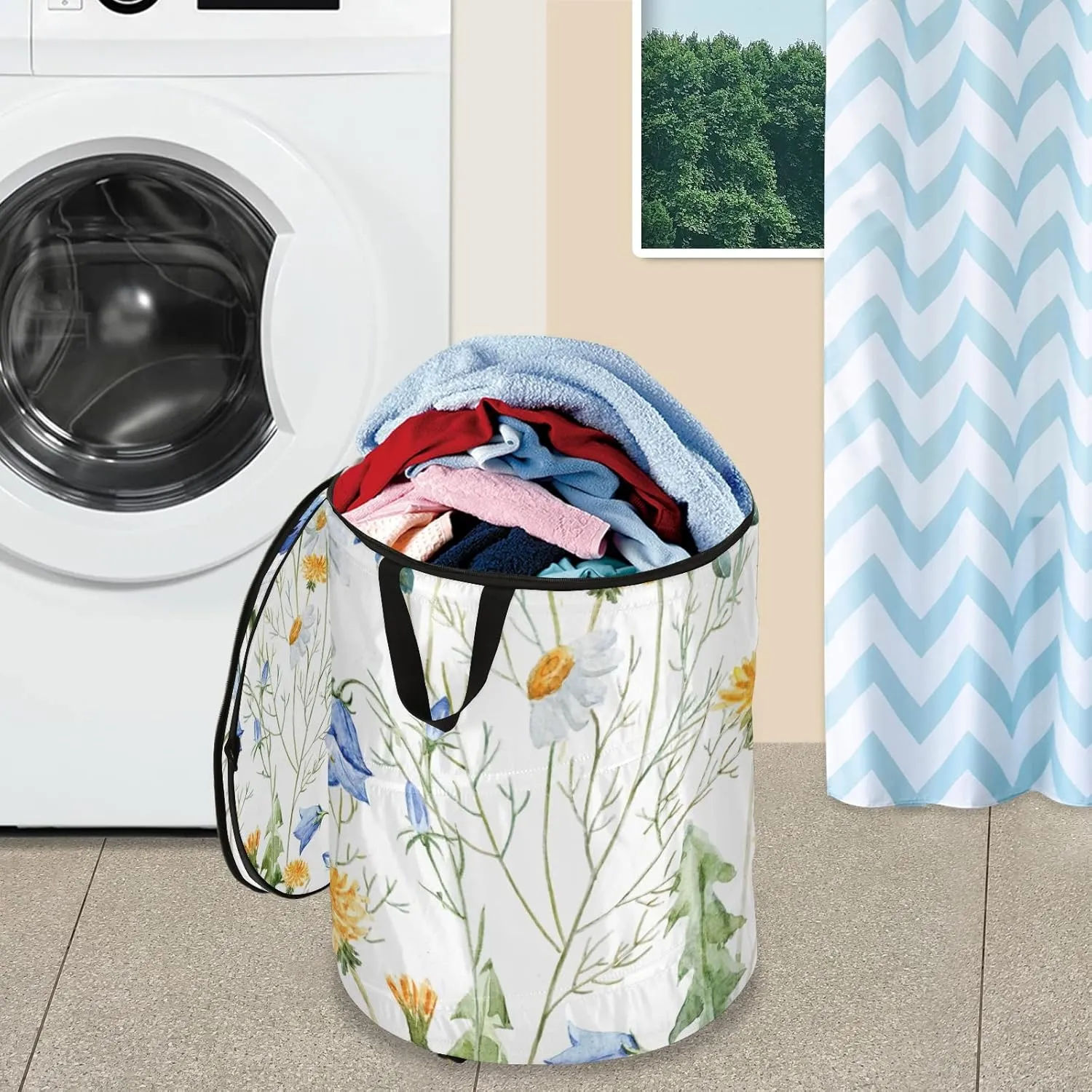 Yellow Dandelion, Daisy Flowers, Blue Cornflower Flower, Wildflower Pop Up Laundry Hamper, Collapsible Dirty Clothes Basket with Zipper Lid, Storage Bag Washing Bin for Room College Dorm Travel
