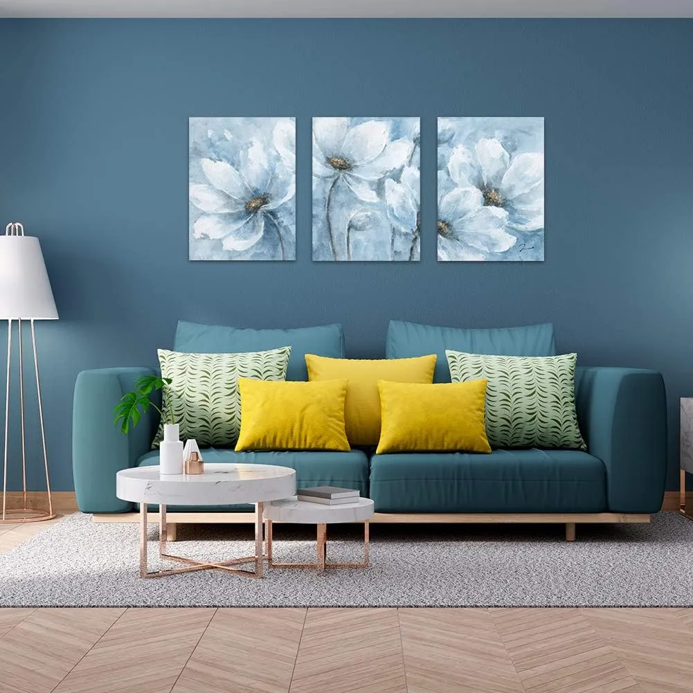 Yidepot Magnolia Flower Picture Wall Decor: Blue And White Flower Canvas Wall Art for Bedroom Floral Painting Frame Ready to Hang (12"x16"x3 Panels)