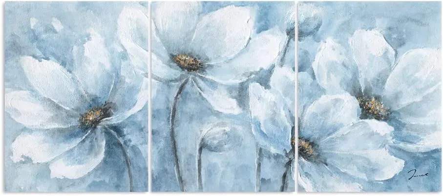 Yidepot Magnolia Flower Picture Wall Decor: Blue And White Flower Canvas Wall Art for Bedroom Floral Painting Frame Ready to Hang (12"x16"x3 Panels)