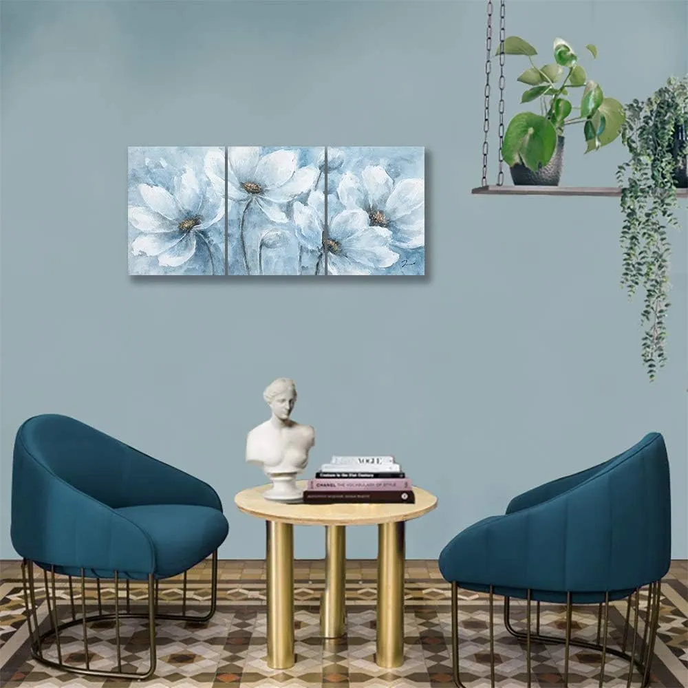 Yidepot Magnolia Flower Picture Wall Decor: Blue And White Flower Canvas Wall Art for Bedroom Floral Painting Frame Ready to Hang (12"x16"x3 Panels)