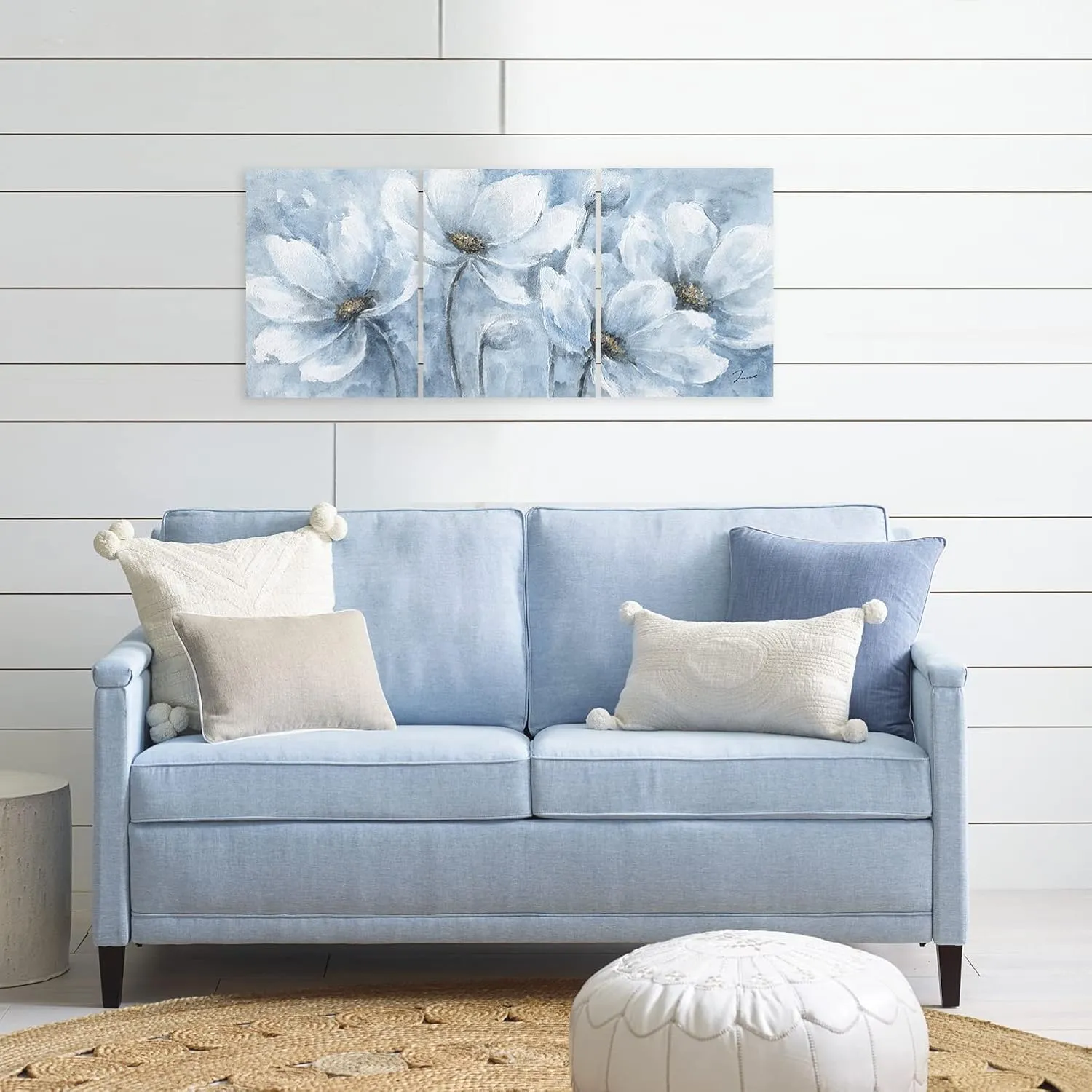 Yidepot Magnolia Flower Picture Wall Decor: Blue And White Flower Canvas Wall Art for Bedroom Floral Painting Frame Ready to Hang (12"x16"x3 Panels)