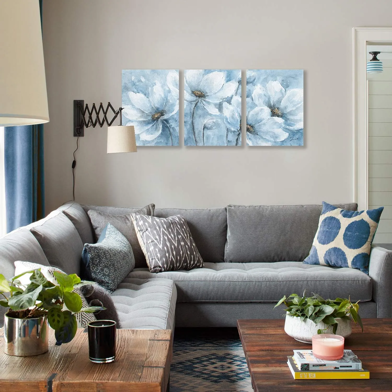 Yidepot Magnolia Flower Picture Wall Decor: Blue And White Flower Canvas Wall Art for Bedroom Floral Painting Frame Ready to Hang (12"x16"x3 Panels)