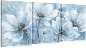 Yidepot Magnolia Flower Picture Wall Decor: Blue And White Flower Canvas Wall Art for Bedroom Floral Painting Frame Ready to Hang (12"x16"x3 Panels)