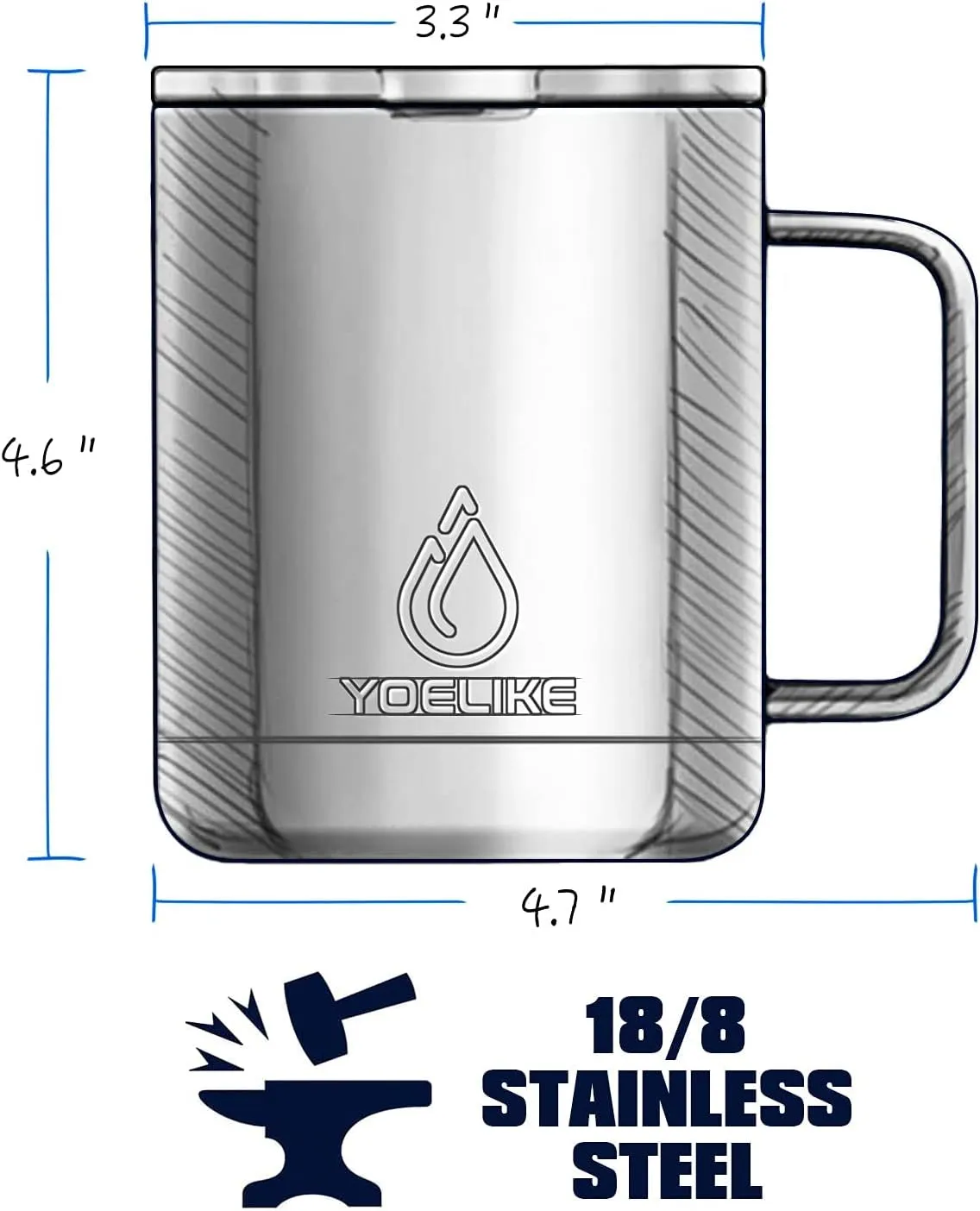 yoelike 14oz Coffee Mug with Handle and Lid, Vacuum Insulated Stainless Steel, Dishwasher Safe, Powder Coated, Travel Mug, Camping Mug, Keep Hot/Cold Longer Coffee Tumbler Cup Navy Blue