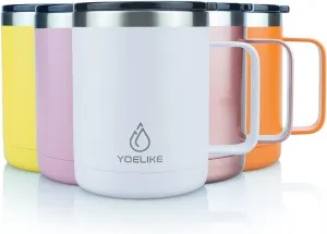 yoelike 14OZ Insulated Coffee Mug with Handle and lid, Stainless Steel, Dishwasher Safe, Powder Coated, Vacuum Insulated Travel Mug, Camping Mug, Keep Hot/Cold Longer Coffee Tumbler Cup White