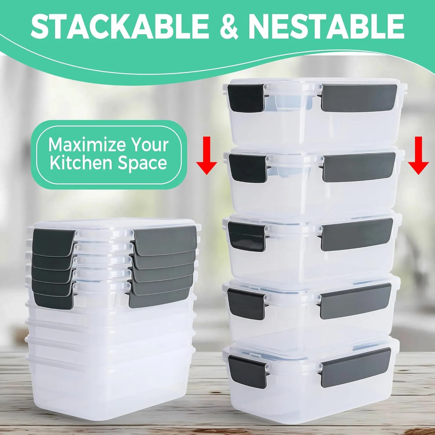YORY 5 cup Plastic Food Storage Containers with Lids Nestable Freezer Dishwasher Safe Rectangle Meal Prep Container Set,5-Pack