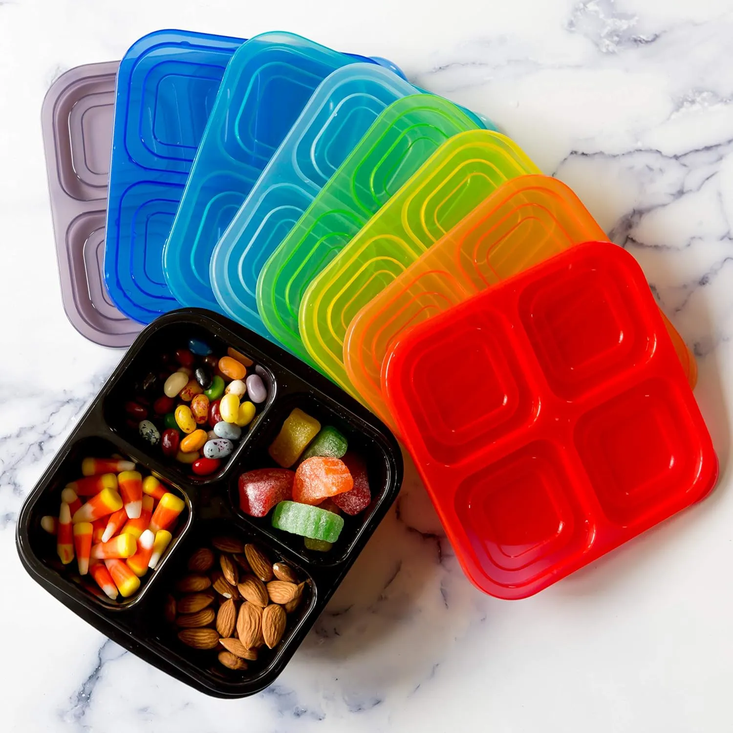 Youngever 8 Pack 4-Compartment Reusable Snack Box Food Containers, Bento Lunch Box, Meal Prep Containers, Divided Food Storage Containers (Rainbow Color)
