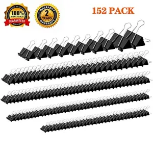 YSeaWolf 152 Pack Binder Clips Assorted Sizes, 6 Different Sizes of Multipurpose, not Thin, not Easy to Break, Spring Tension Suitable Paper Clips, Paper Clamps - Sturdy Container Included(Black)