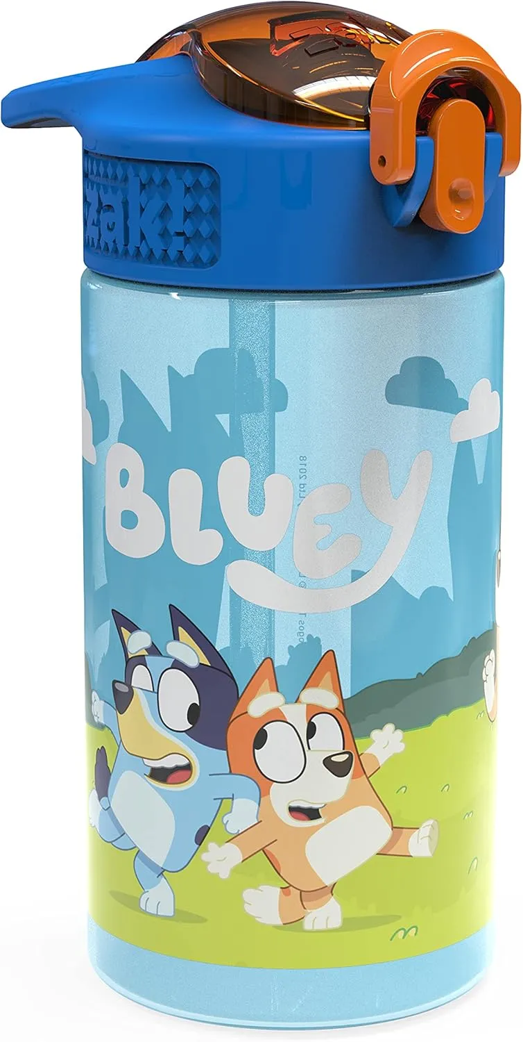 Zak Designs Bluey Kids Durable Plastic Spout Cover and Built-in Carrying Loop, Leak-Proof Water Design for Travel, (16oz, 2pc Set), Bluey Bottle 2pk