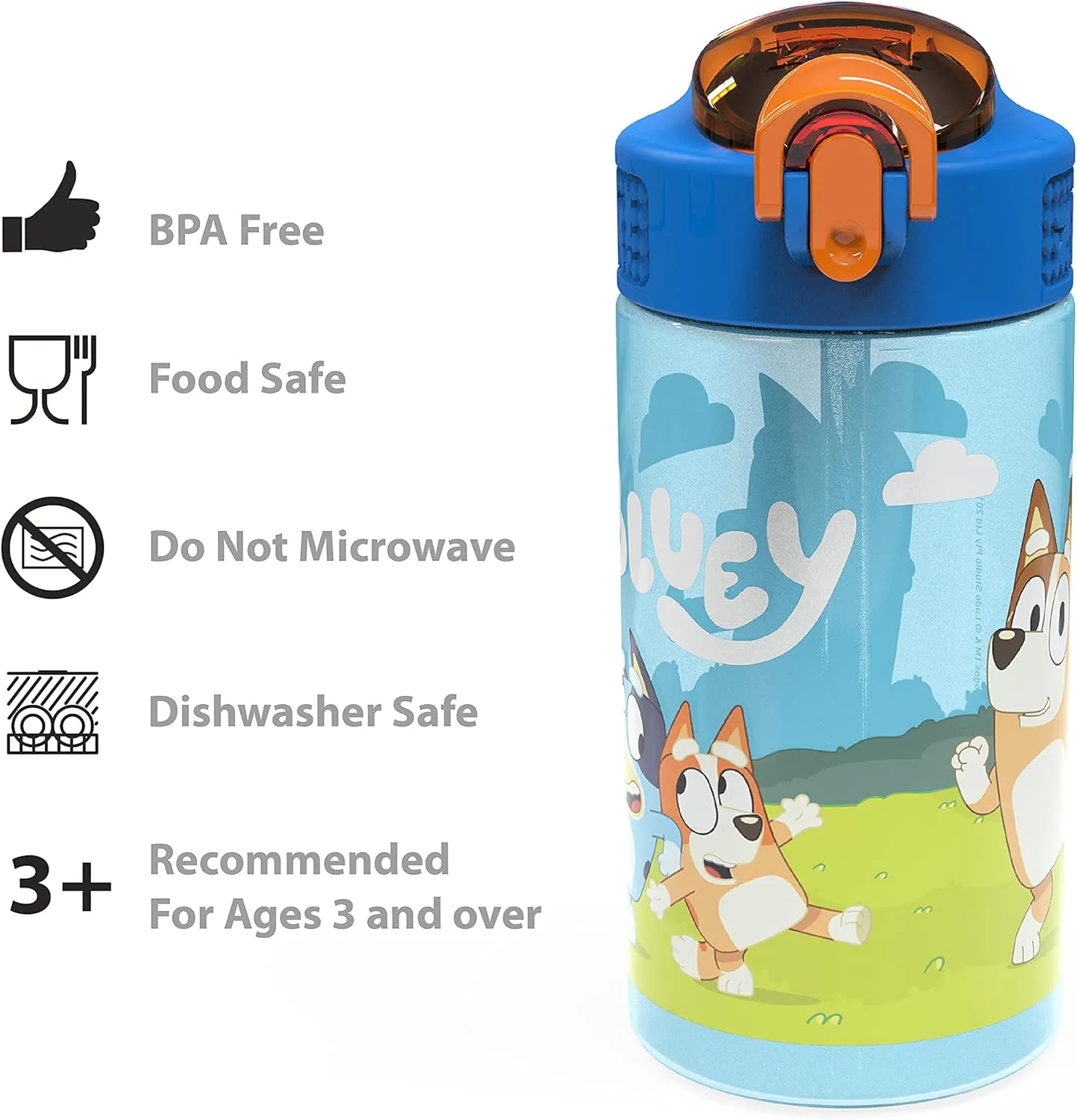 Zak Designs Bluey Kids Durable Plastic Spout Cover and Built-in Carrying Loop, Leak-Proof Water Design for Travel, (16oz, 2pc Set), Bluey Bottle 2pk