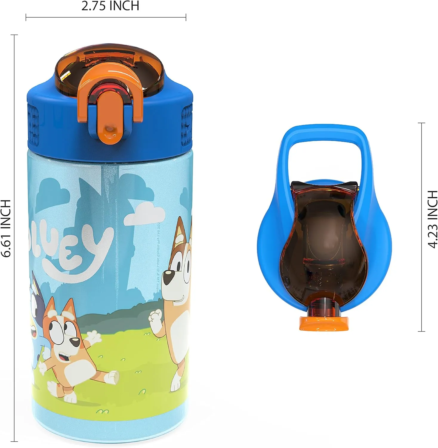 Zak Designs Bluey Kids Durable Plastic Spout Cover and Built-in Carrying Loop, Leak-Proof Water Design for Travel, (16oz, 2pc Set), Bluey Bottle 2pk