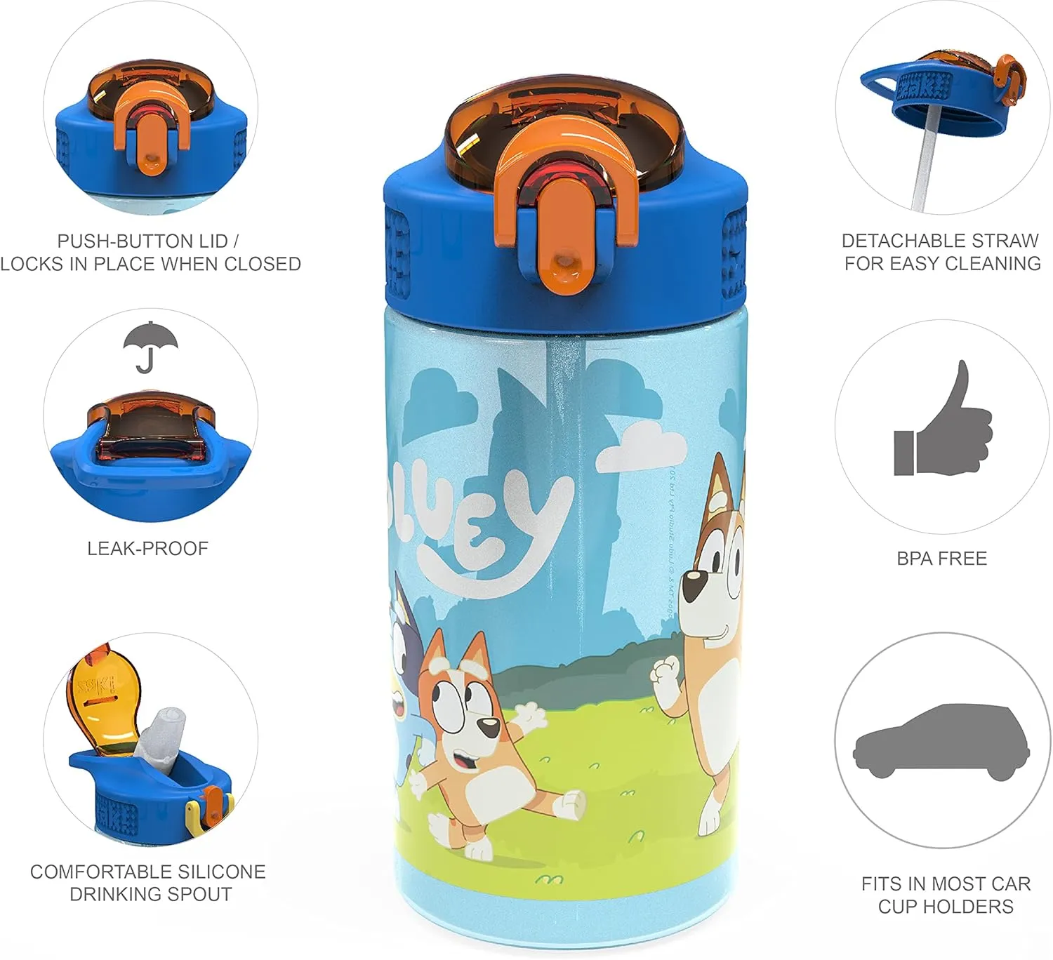 Zak Designs Bluey Kids Durable Plastic Spout Cover and Built-in Carrying Loop, Leak-Proof Water Design for Travel, (16oz, 2pc Set), Bluey Bottle 2pk