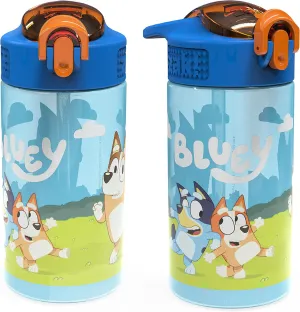 Zak Designs Bluey Kids Durable Plastic Spout Cover and Built-in Carrying Loop, Leak-Proof Water Design for Travel, (16oz, 2pc Set), Bluey Bottle 2pk