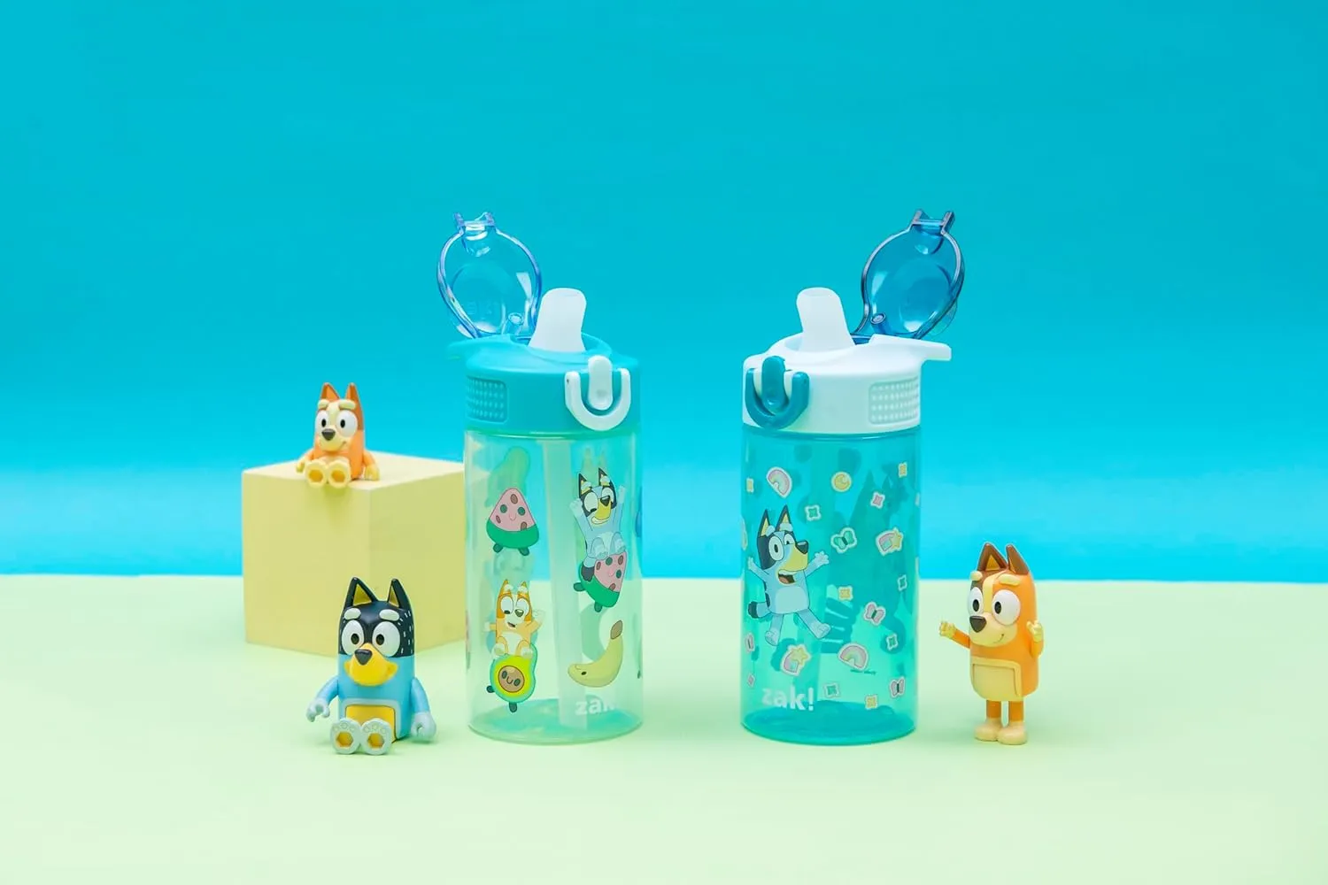 Zak Designs Bluey Sage Kids Water Bottle For School or Travel, 16oz Durable Plastic Water Bottle With Straw, Handle, and Leak-Proof, Pop-Up Spout Cover, 2-Pack Set (Bluey & Bingo)