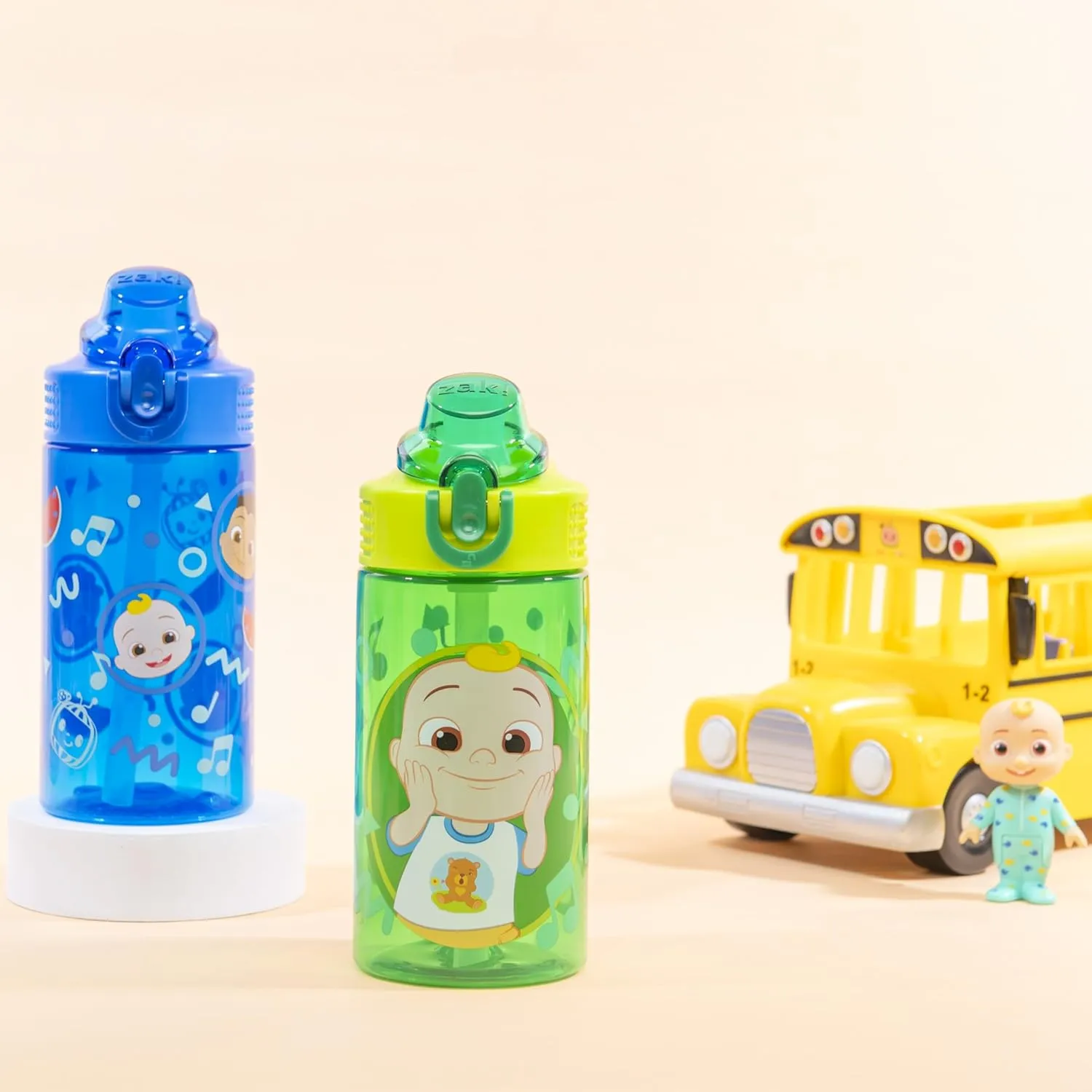 Zak Designs CoComelon Sage Kids Water Bottle For School or Travel, 16oz Durable Plastic Water Bottle With Straw, Handle, and Leak-Proof, Pop-Up Spout Cover, 2-Pack Set (JJ & Cody)