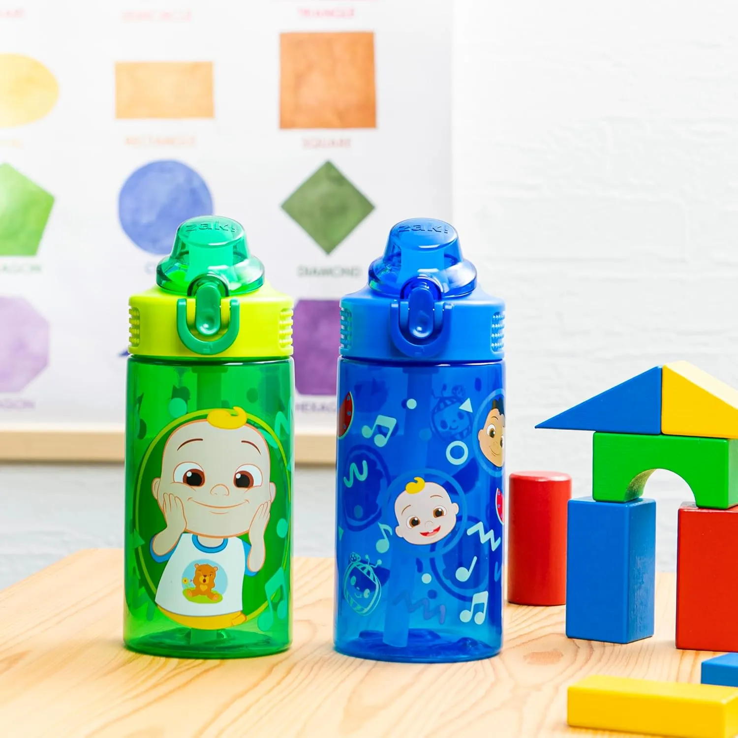 Zak Designs CoComelon Sage Kids Water Bottle For School or Travel, 16oz Durable Plastic Water Bottle With Straw, Handle, and Leak-Proof, Pop-Up Spout Cover, 2-Pack Set (JJ & Cody)