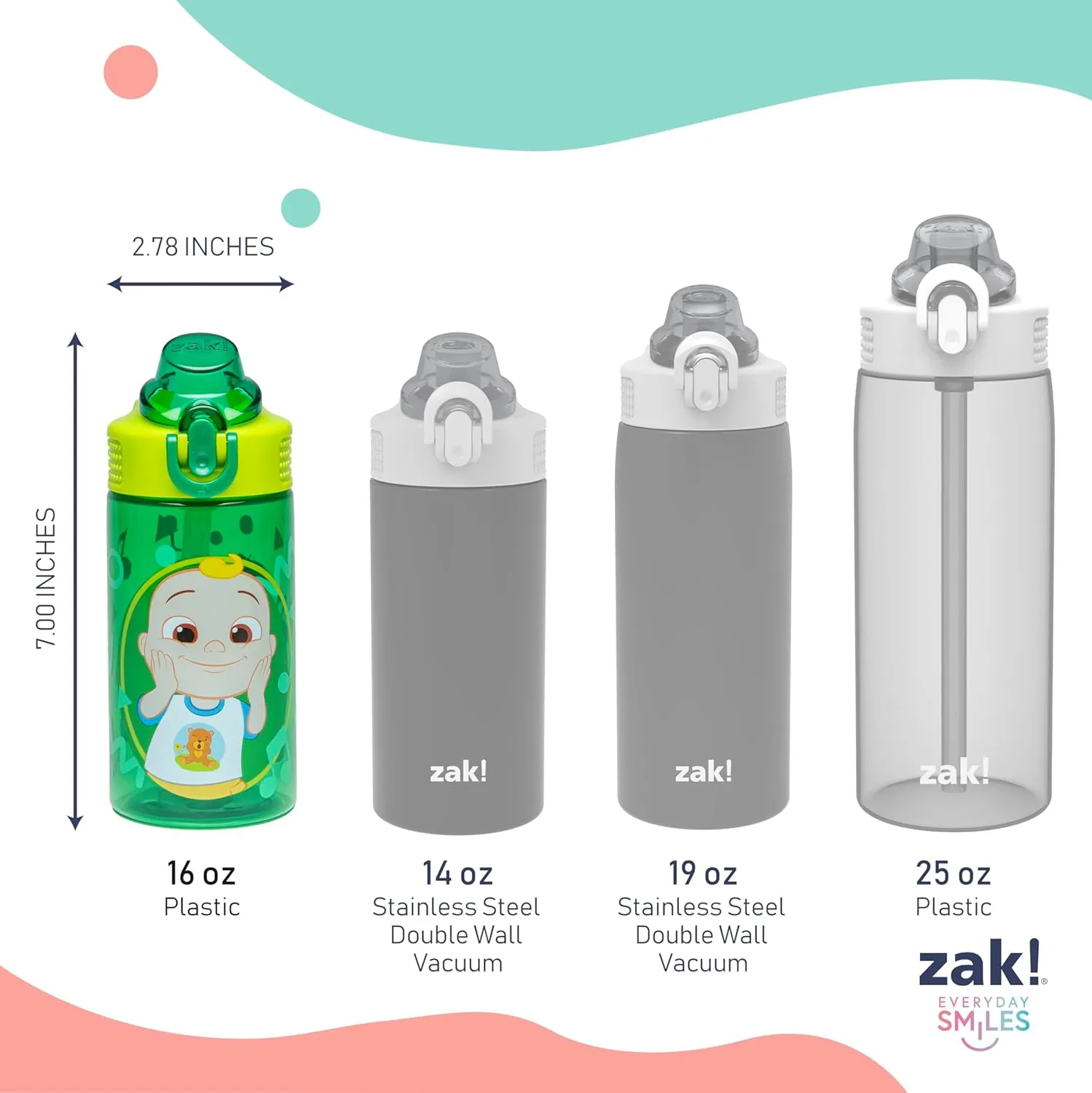 Zak Designs CoComelon Sage Kids Water Bottle For School or Travel, 16oz Durable Plastic Water Bottle With Straw, Handle, and Leak-Proof, Pop-Up Spout Cover, 2-Pack Set (JJ & Cody)