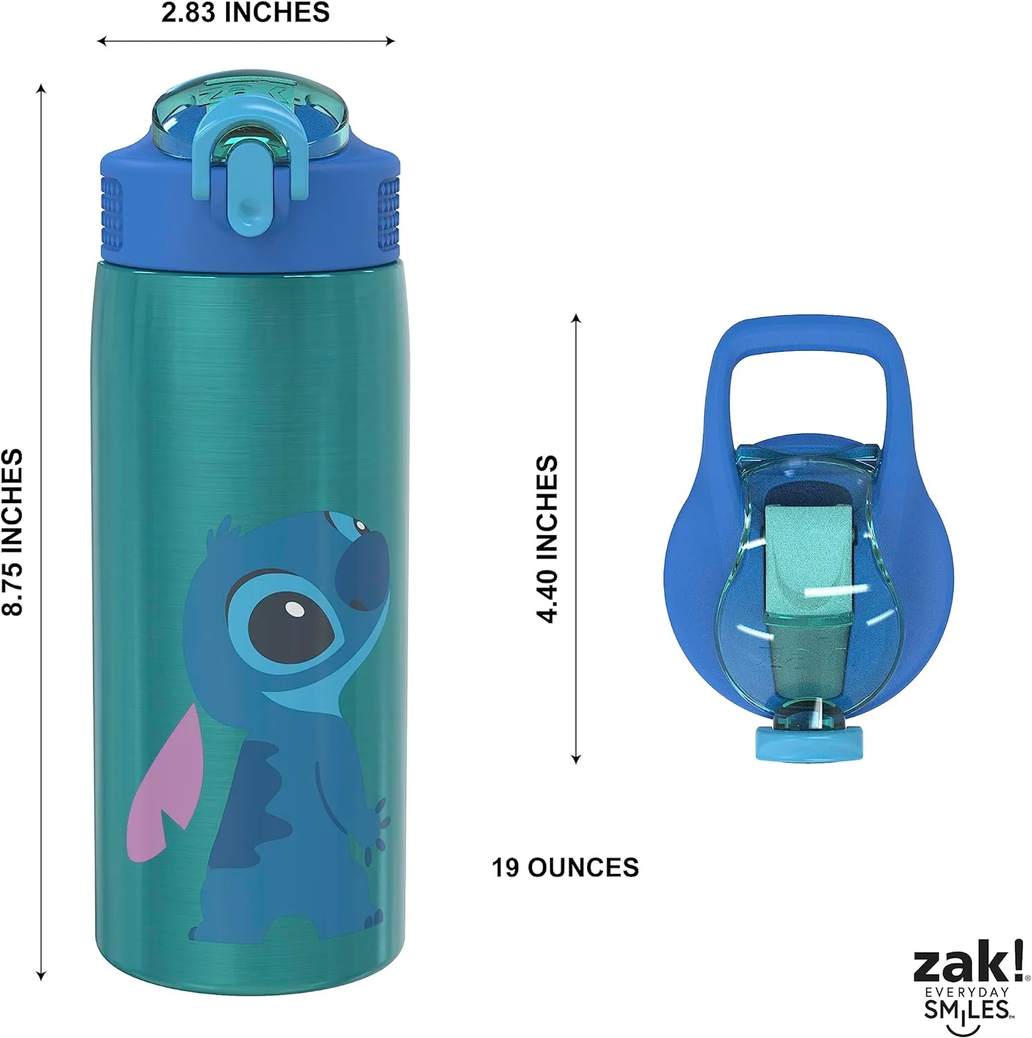 Zak Designs Disney Lilo and Stitch Water Bottle for Travel and At Home, 19 oz Vacuum Insulated Stainless Steel with Locking Spout Cover, Built-In Carrying Loop, Leak-Proof Design (Stitch)