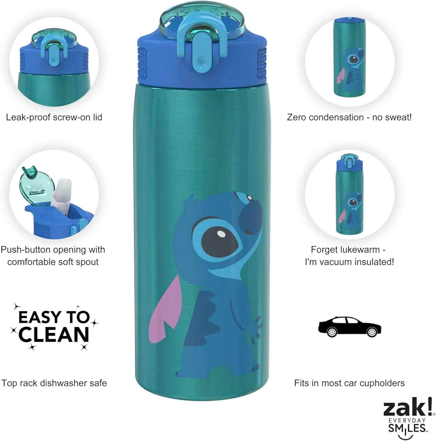 Zak Designs Disney Lilo and Stitch Water Bottle for Travel and At Home, 19 oz Vacuum Insulated Stainless Steel with Locking Spout Cover, Built-In Carrying Loop, Leak-Proof Design (Stitch)