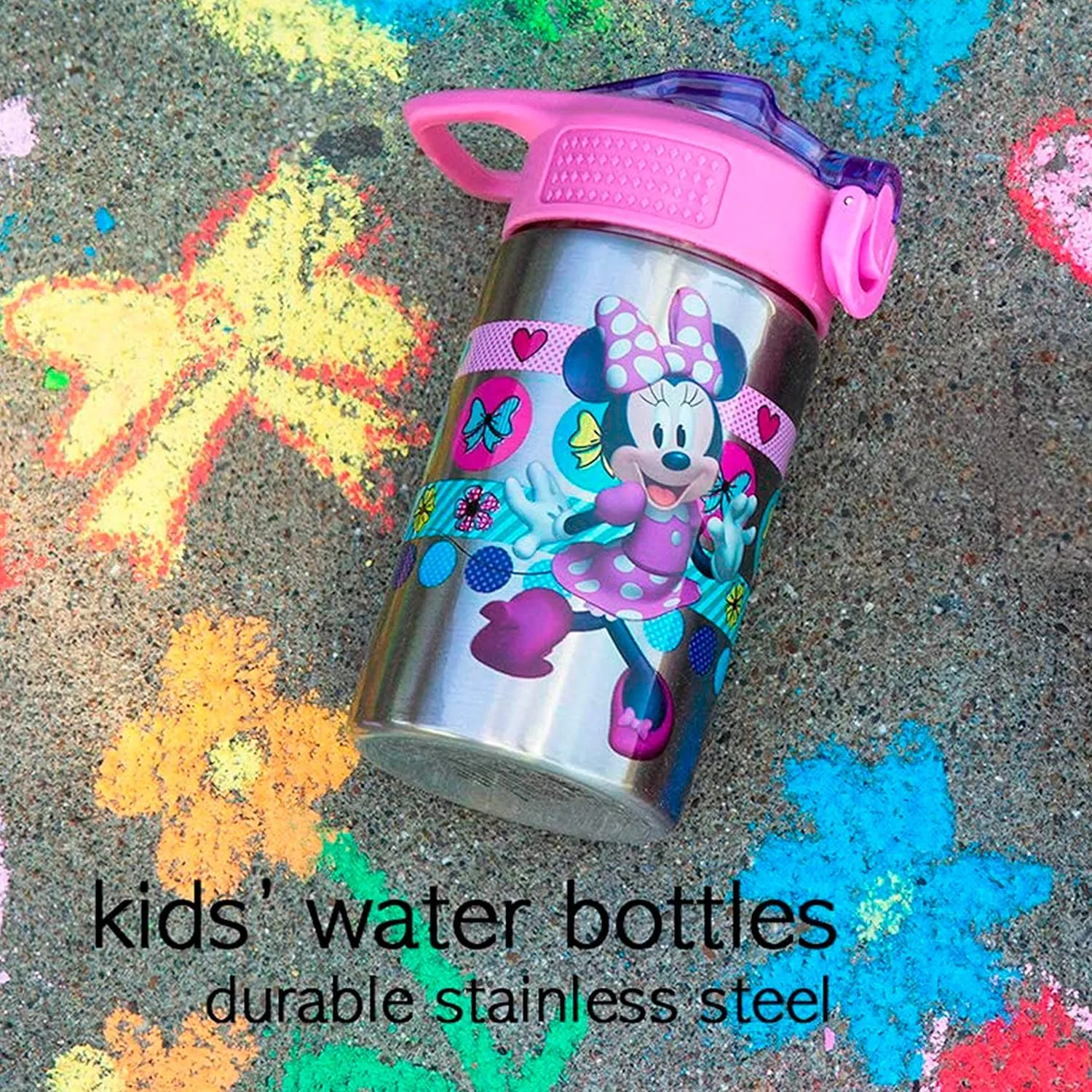 Zak Designs Disney Minnie’s Happy Helpers - Stainless Steel Water Bottle with One Hand Operation Action Lid and Built-in Carrying Loop, Kids Water Bottle with Straw Spout (15.5 oz, 18/8, BPA Free)