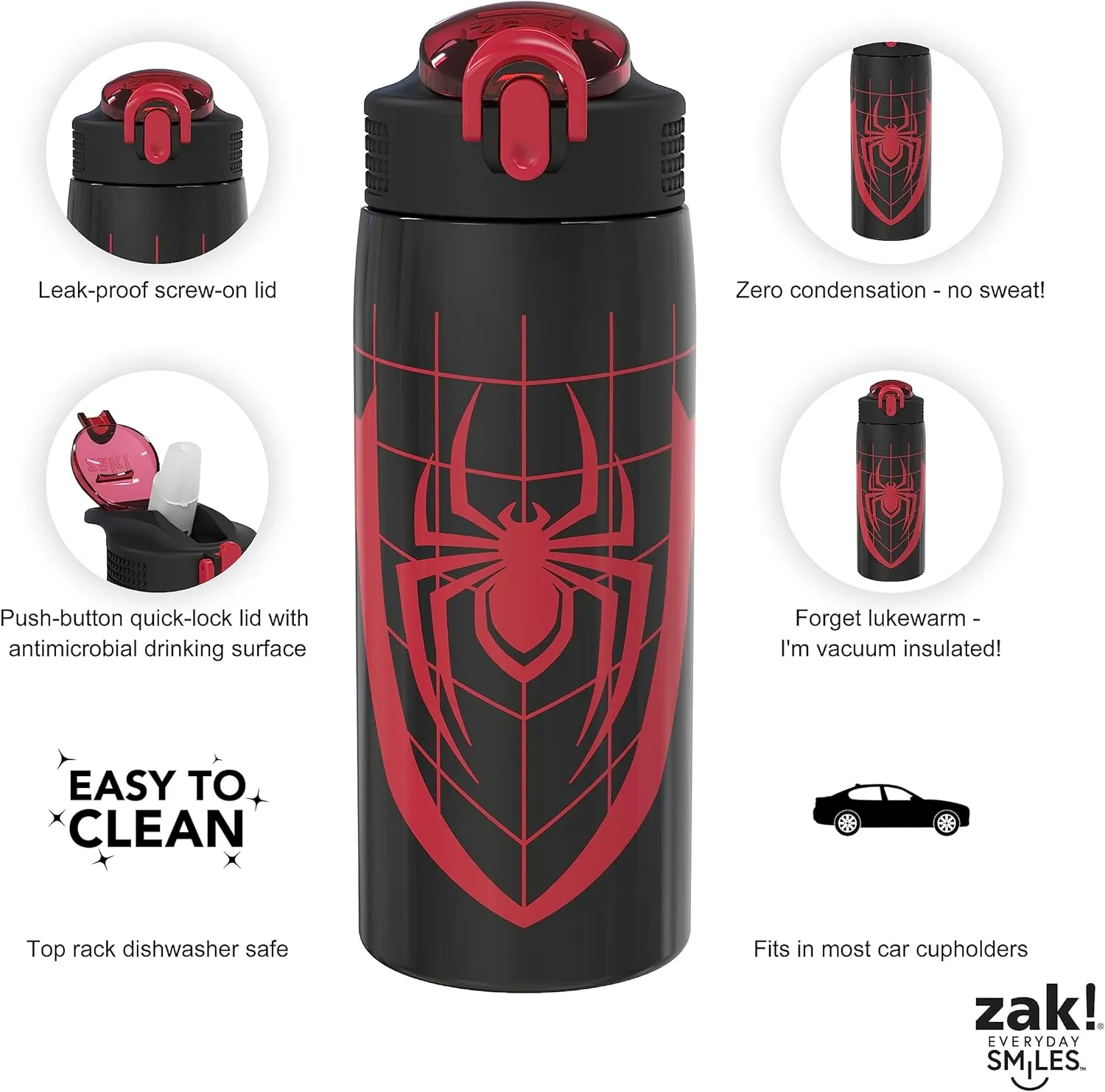 Zak Designs Marvel Spider-Man Water Bottle for Travel and At Home, 19 oz Vacuum Insulated Stainless Steel with Locking Spout Cover, Built-In Carrying Loop, Leak-Proof Design (Miles Morales)