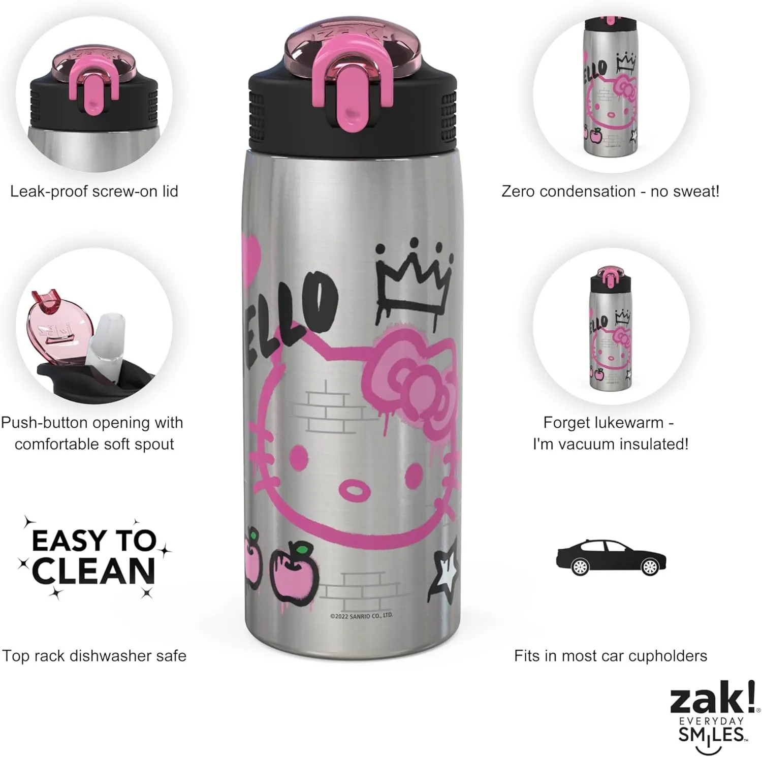 Zak Designs Sanrio Water Bottle for Travel and At Home, 19 oz Vacuum Insulated Stainless Steel with Locking Spout Cover, Built-In Carrying Loop, Leak-Proof Design (Hello Kitty)