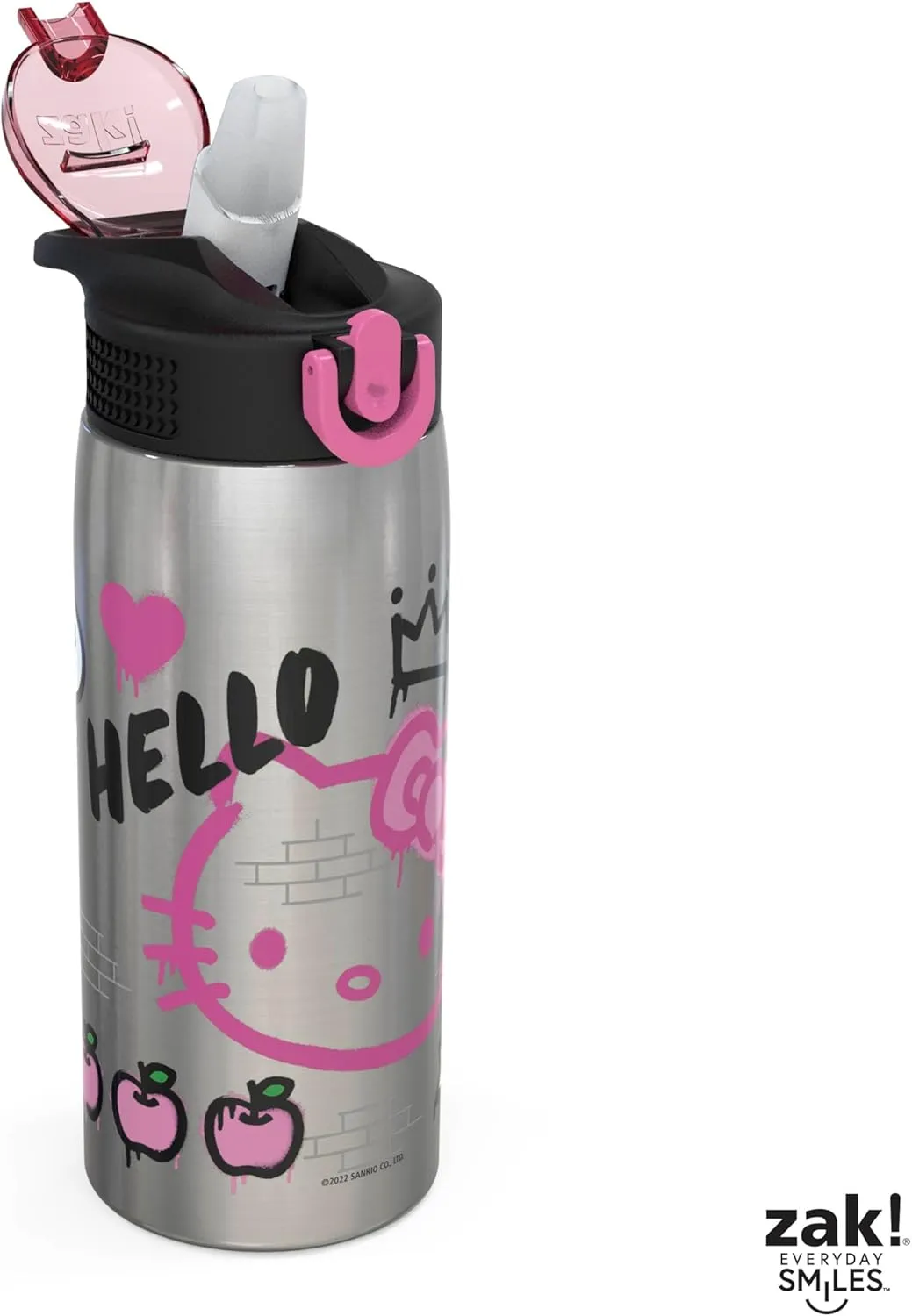 Zak Designs Sanrio Water Bottle for Travel and At Home, 19 oz Vacuum Insulated Stainless Steel with Locking Spout Cover, Built-In Carrying Loop, Leak-Proof Design (Hello Kitty)
